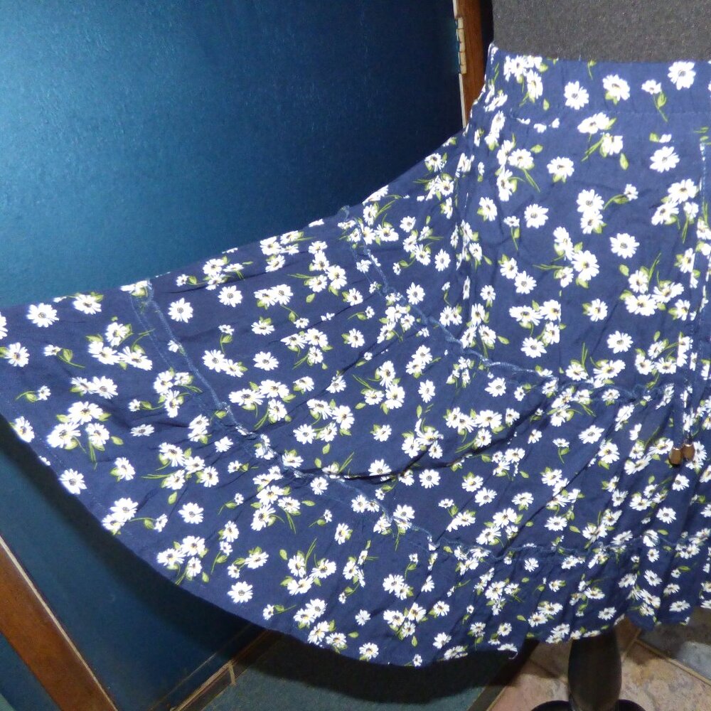 GOTH BOHO COWGIRL PRAIRIE BLUE MULTI FLORAL TIERED A-LINE MINI SKIRT L